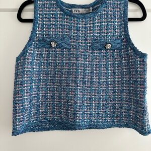 Zara Textured Blue and Pink Sleeveless Top